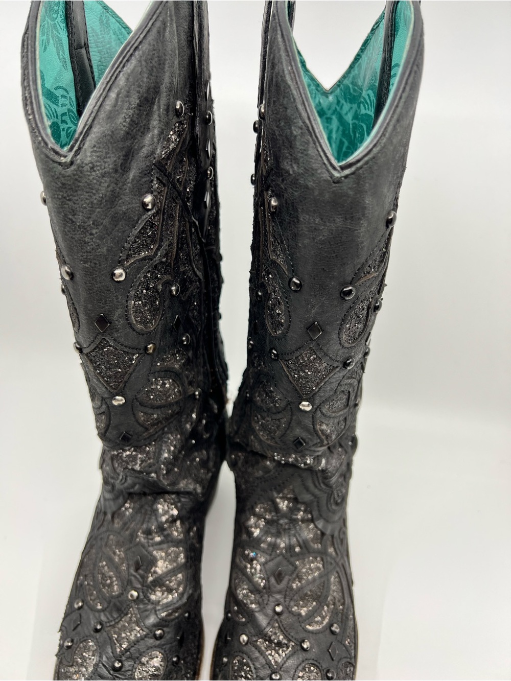 FLAWED Corral Ladies Black Leather Glitter Inlay and Studded Western Boots 8.5 M - Picture 5 of 16